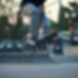Skateboarder wearing starter pants performing a trick