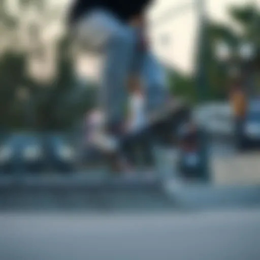 Skateboarder wearing starter pants performing a trick