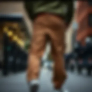 Pair of stylish pants with built-in belt showcased in an urban setting