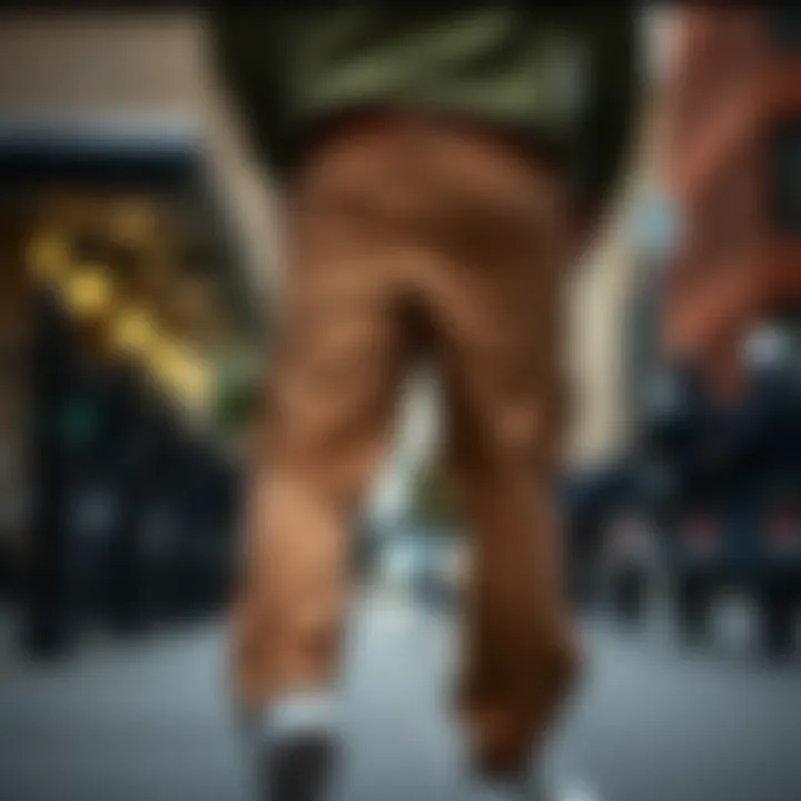 Pair of stylish pants with built-in belt showcased in an urban setting