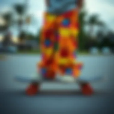 Vibrant Teddy Fresh pants displayed on a skateboard