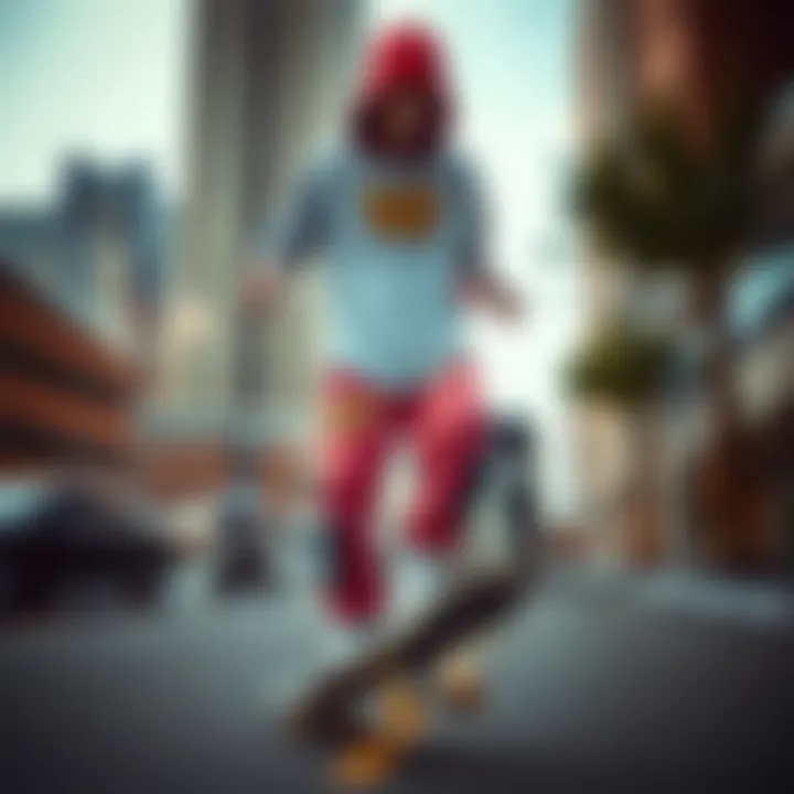 Skateboarder wearing Teddy Fresh pants in an urban setting
