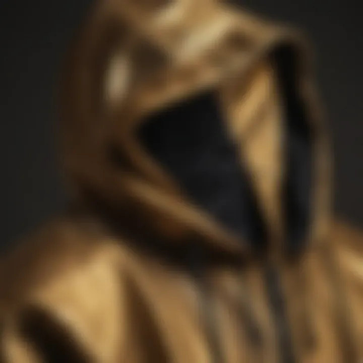 Close-up of the fabric texture of a gold and black hoodie