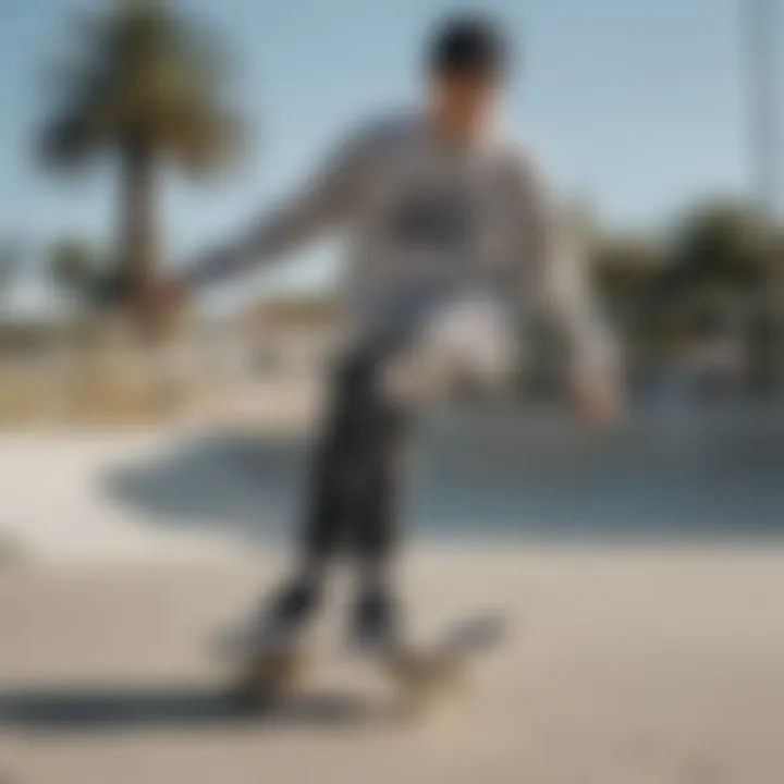 A skateboarder wearing the Adidas crop sweatshirt, performing a trick at a skatepark.