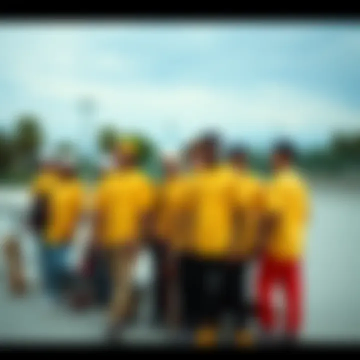 Community Vibes: Skaters Unite in Yellow Tie-Dye Group of skaters wearing yellow tie-dye shirts at a skate park