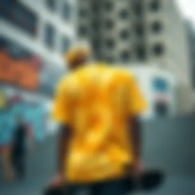 Urban Expression: The Vibrancy of Yellow Tie-Dye in Skate Culture Vibrant yellow tie-dye shirt showcased in an urban skateboarding environment