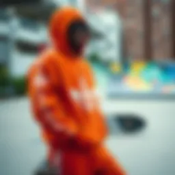 Vibrant orange Adidas outfit displayed in an urban skate park setting
