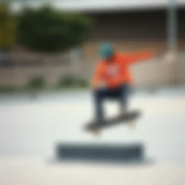 Skateboarder showcasing agility in an orange Adidas outfit during a trick