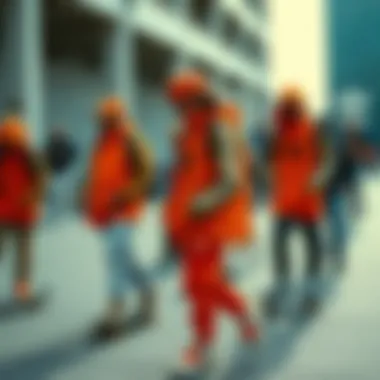 Group of skateboarders in stylish orange Adidas outfits engaging in community activity