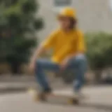 Stylish yellow bucket hat worn during a skateboarding session