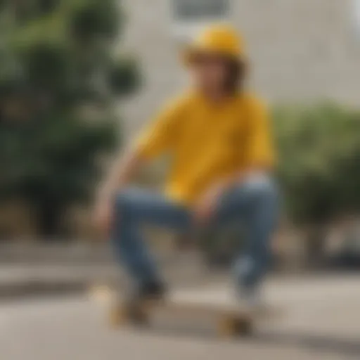 Stylish yellow bucket hat worn during a skateboarding session