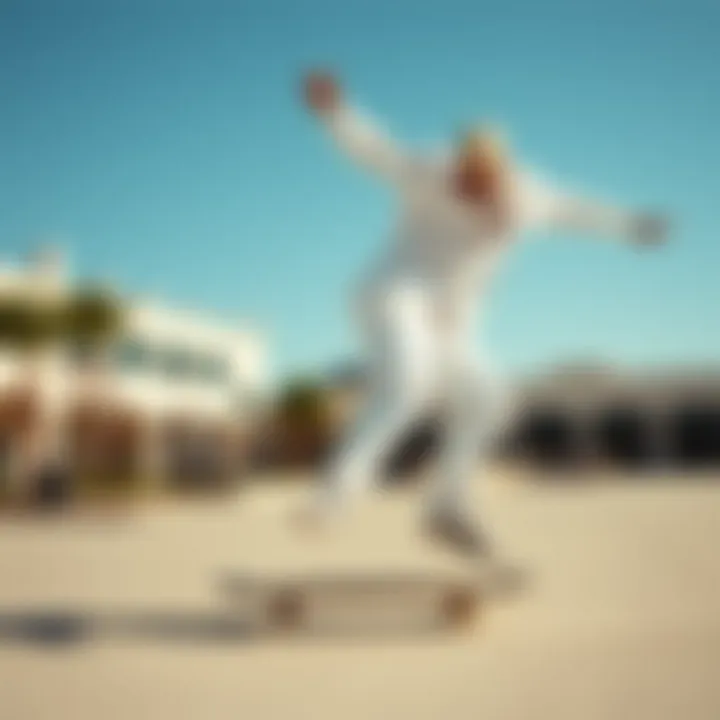 A skateboarder performing tricks while wearing the all white Dickies suit.