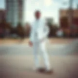 A striking all white Dickies suit showcased in an urban skate park setting.