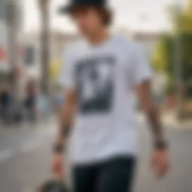 Close-up of a skateboarder wearing a cute graphic t-shirt with a unique design