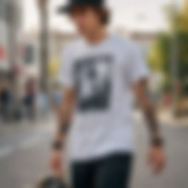 Close-up of a skateboarder wearing a cute graphic t-shirt with a unique design