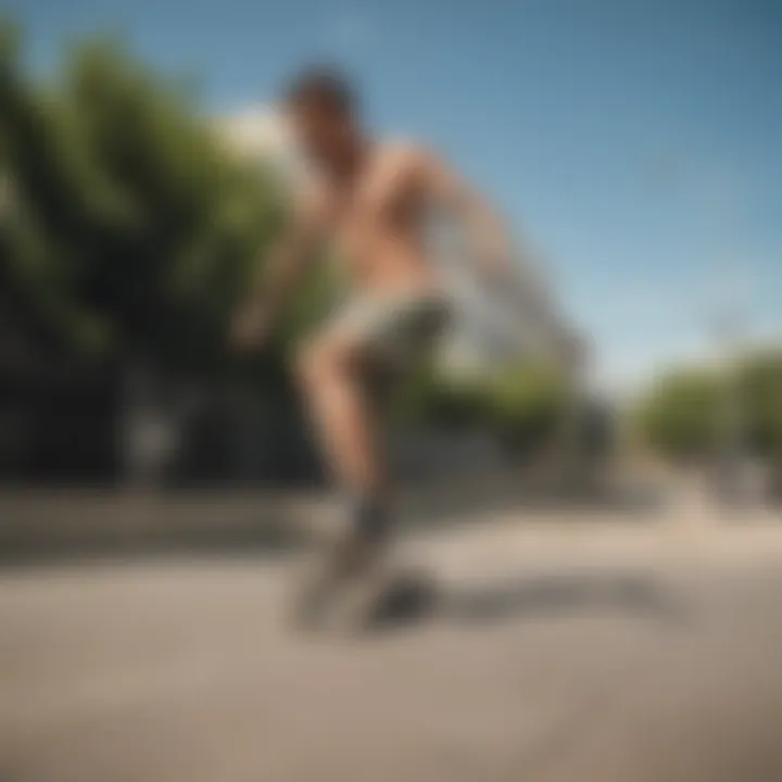 A stylish skater wearing board shorts in an urban skate park