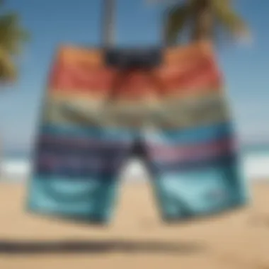 Vibrant long board shorts displayed on a beach backdrop