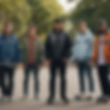 A group of skateboarders showcasing the Members Only jackets in a park