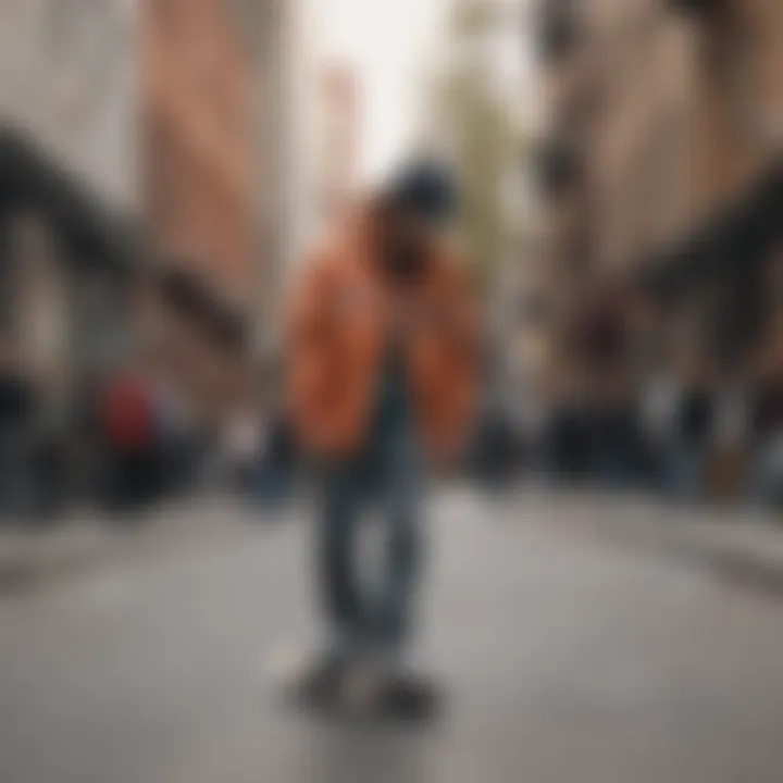 A skateboarder wearing a Members Only jacket in an urban setting