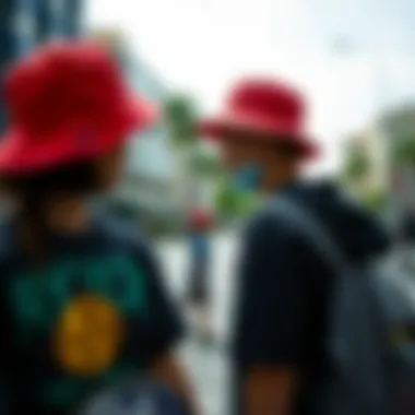 Urban landscape with skateboarders wearing bucket hats