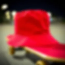 Vibrant red bucket hat on a skateboard