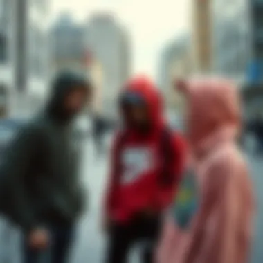 Urban setting with individuals expressing personal style through streetwear