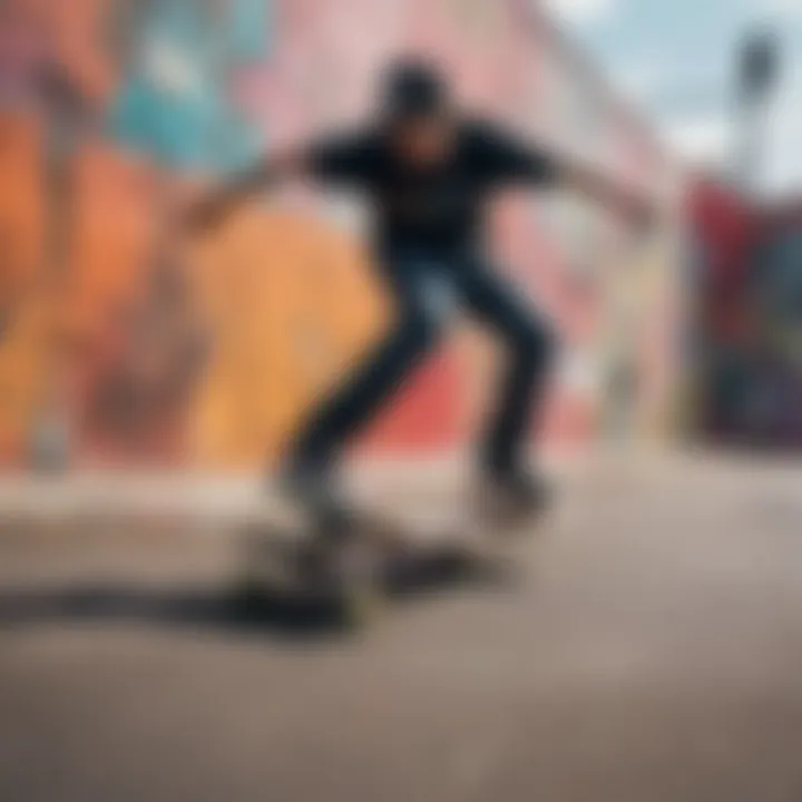 Vibrant photo of a skateboarder cruising down a colorful graffiti wall