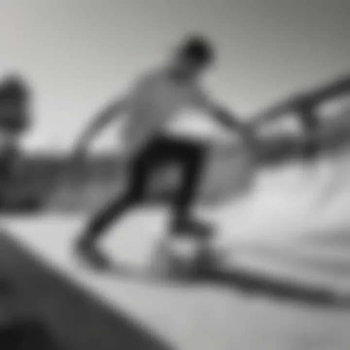 An artistic black and white shot of a skateboarder grinding on a rail