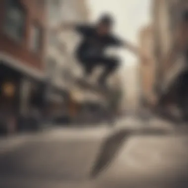 Dynamic angle showcasing a skateboarder landing a jump in an urban setting