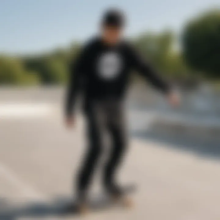 Skateboarder wearing a black long sleeve t-shirt at a skate park