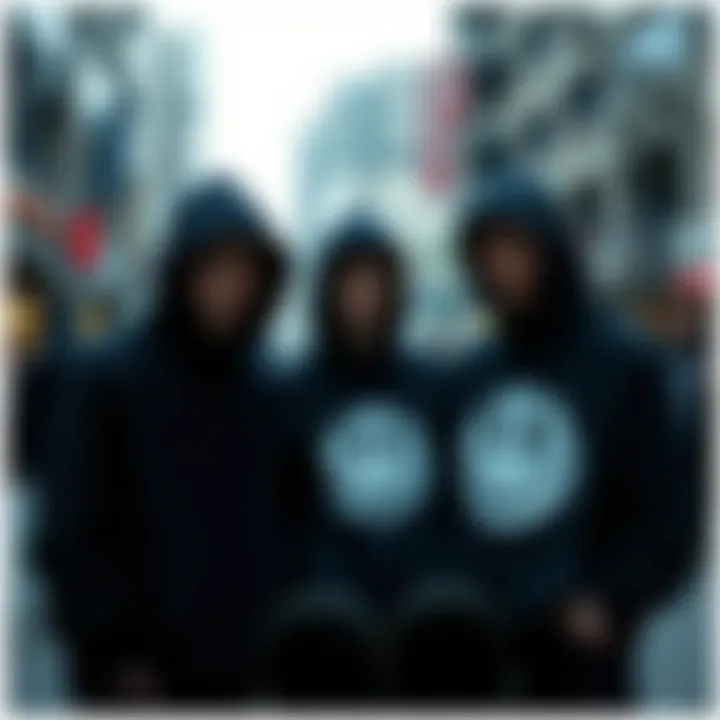 Skaters wearing the black hoodie in an urban setting