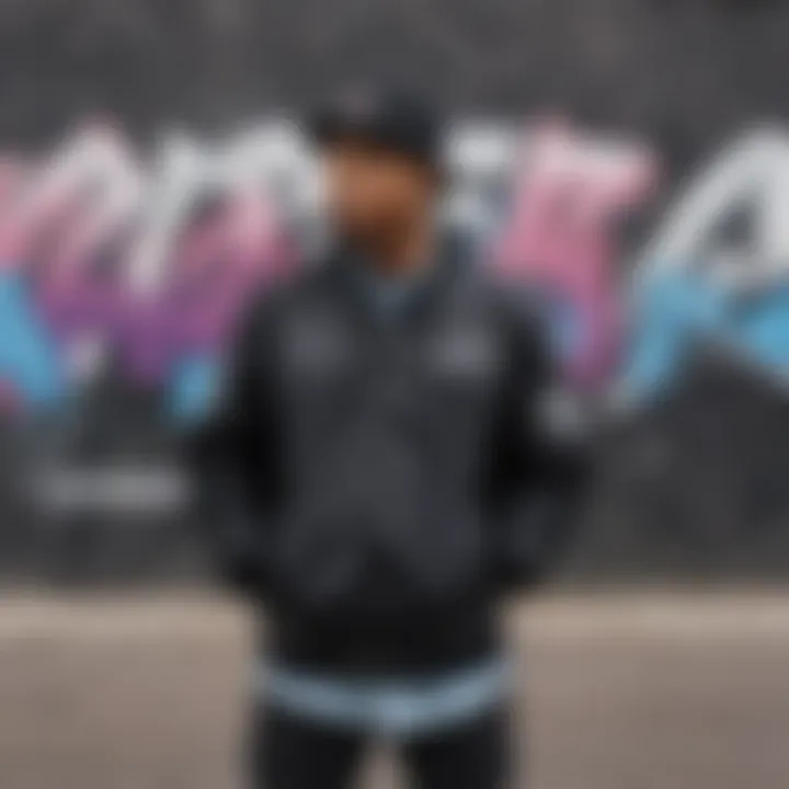 A black letterman jacket displayed against a graffiti-covered wall, symbolizing urban culture.