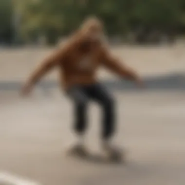 Skateboarder wearing the brown Nike zip-up hoodie in action