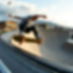 A high-angle view of a skater performing a trick on a ramp with a skate cam in focus