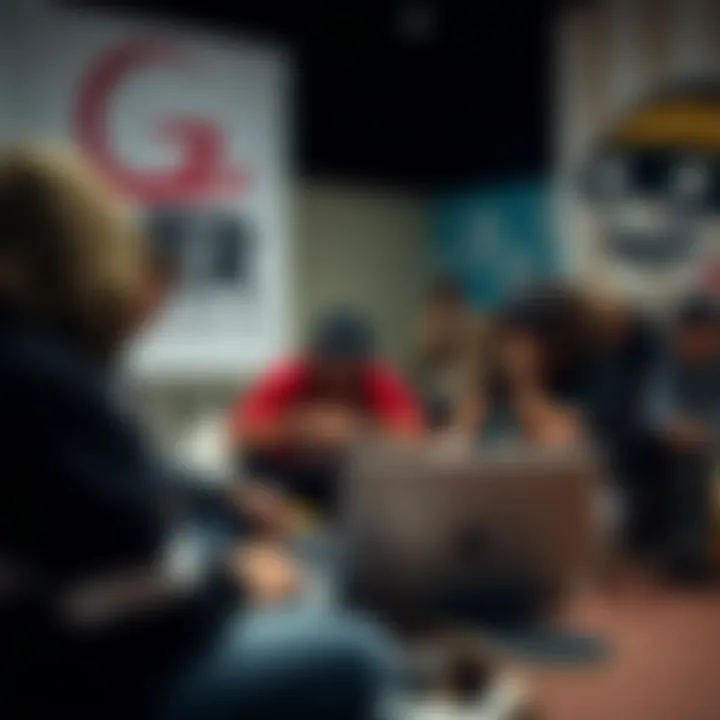 Community Engagement through Footage Review A group of skateboarders reviewing footage on a laptop, showcasing community engagement