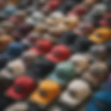 An assortment of five panel skate hats showcasing different colors and patterns