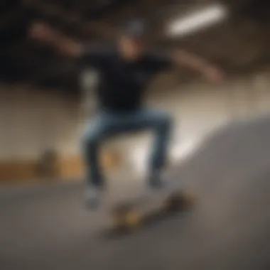 A skateboarder wearing a five panel skate hat while performing a trick