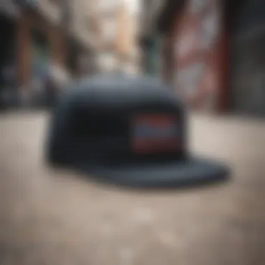 A stylish five panel skate hat displayed in a trendy urban setting