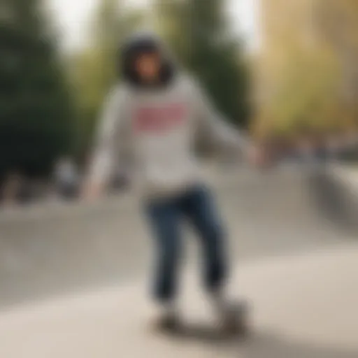 A skater wearing a Coors hoodie performing a trick at a skate park