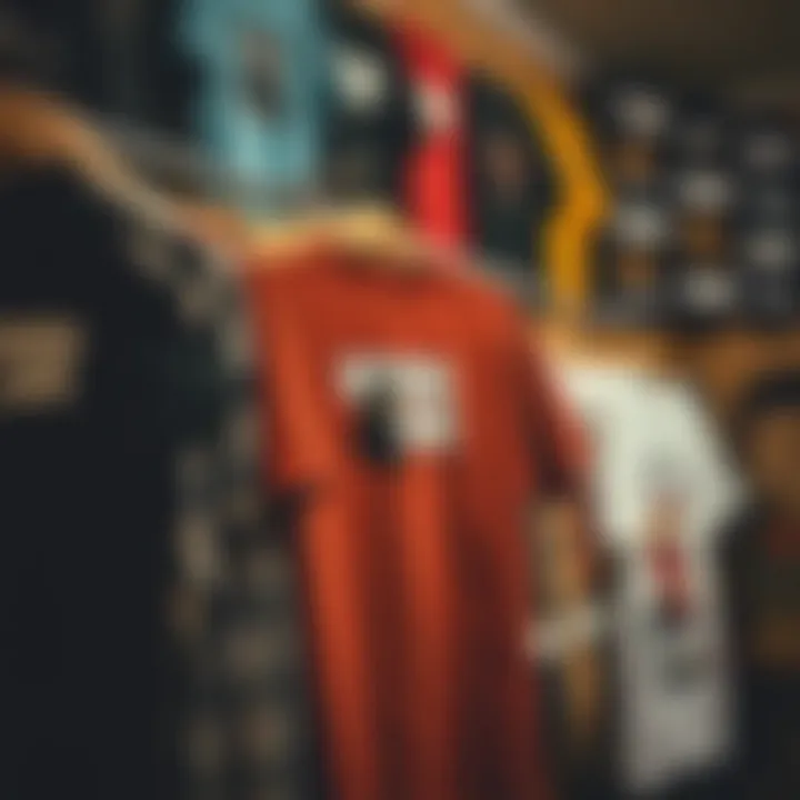 A collection of Bored Ape shirts displayed in a skate shop