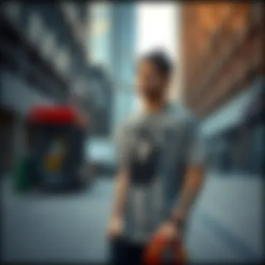 A skateboarder wearing a Bored Ape shirt in an urban setting