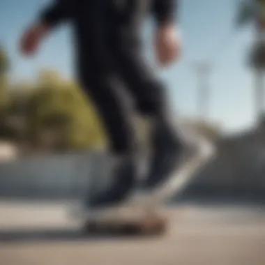 Skateboarder performing tricks while wearing black hi-top Converse shoes