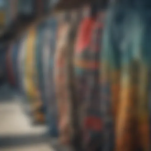 A close-up of various street pants designs showcasing unique patterns and colors.