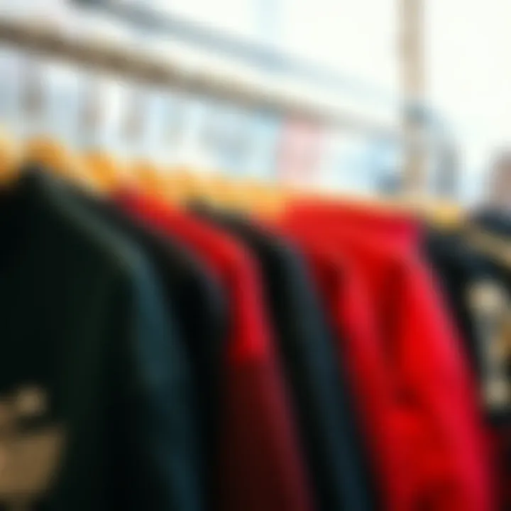 An assortment of street wear sweatshirts hanging on a rack, highlighting various designs and colors