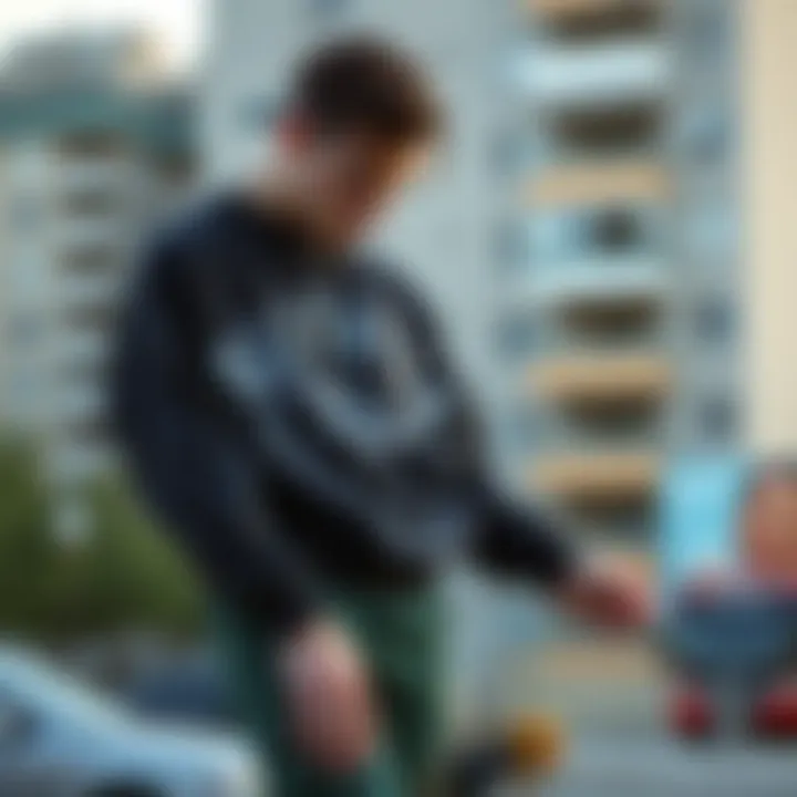 A skateboarder showcasing their style while wearing a street wear sweatshirt in an urban setting
