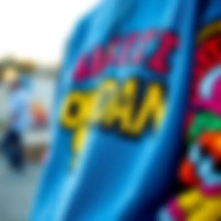 A close-up view of a vibrant street wear sweatshirt displaying unique graphics