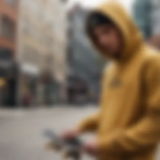 A stylish gold and black hoodie worn by a skateboarder in an urban setting