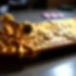 A close-up of an intricately designed gold skateboard showcasing its craftsmanship.