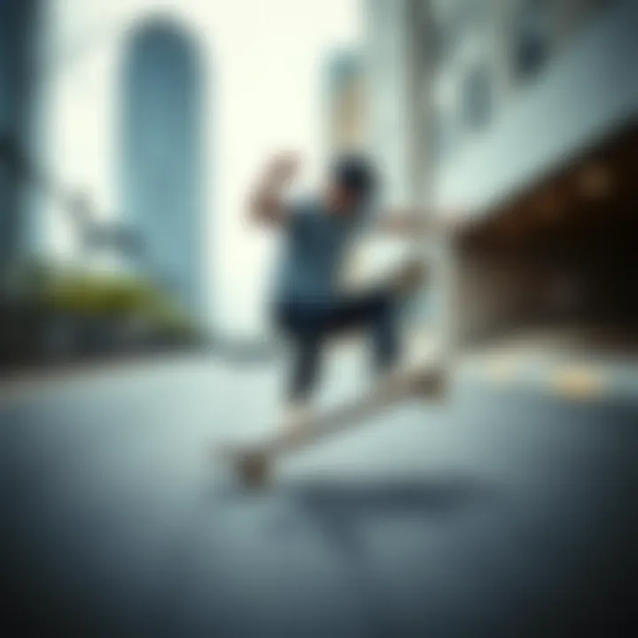 A dynamic shot of a skateboarder performing tricks with a gold skateboard, emphasizing functionality.