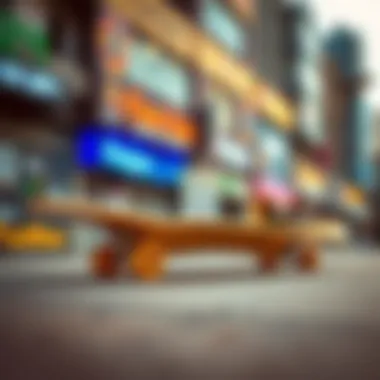 A gold skateboard displayed against a vibrant urban backdrop, highlighting its cultural significance.